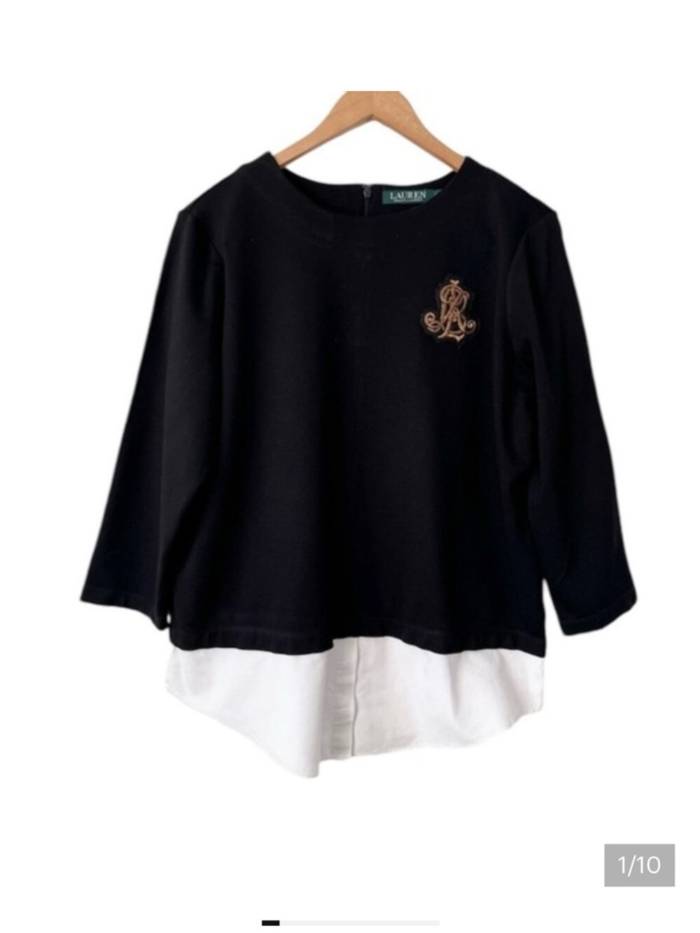 Ralph Lauren Size XL Black Top with White Layered Hem and Gold Embroidered Crest